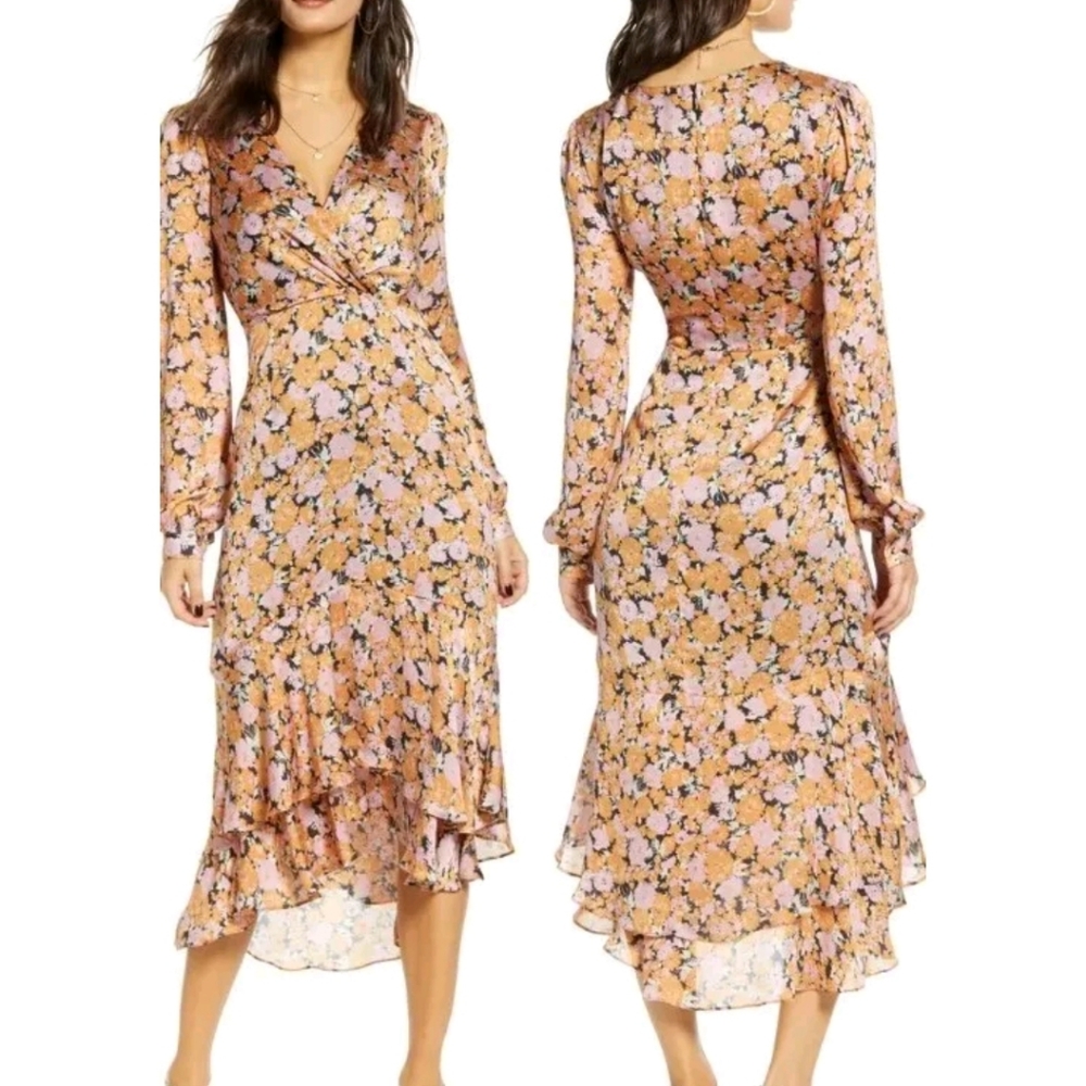 Wayf Floral V-NECK Long Sleeve Midi Dress Size Small